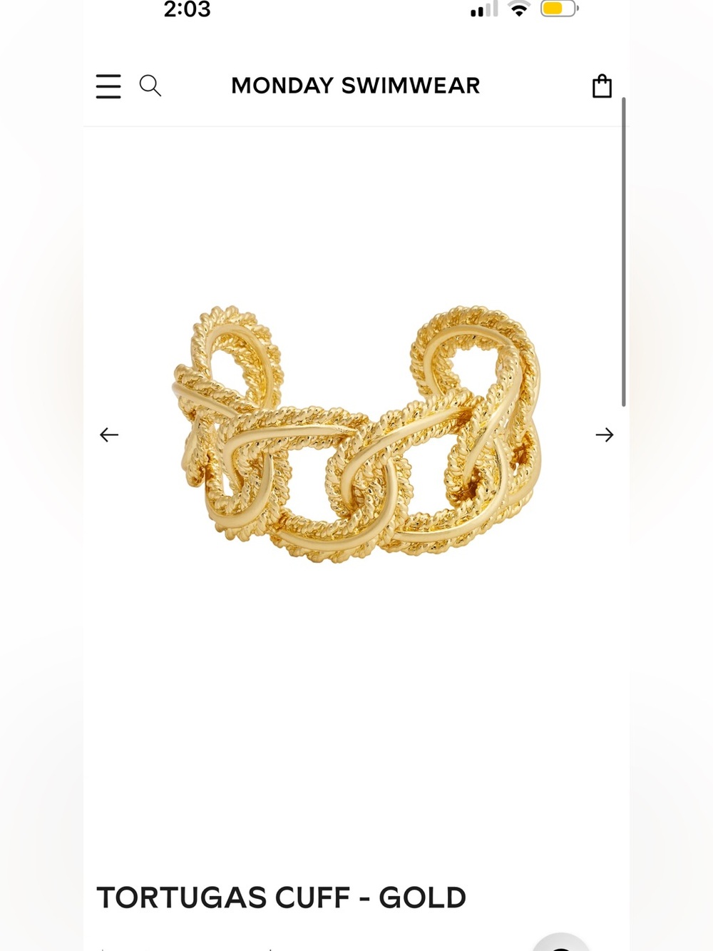 TORTUGAS CUFF - GOLD  Monday swimwear Gold-Tone Link Bracelet Like New